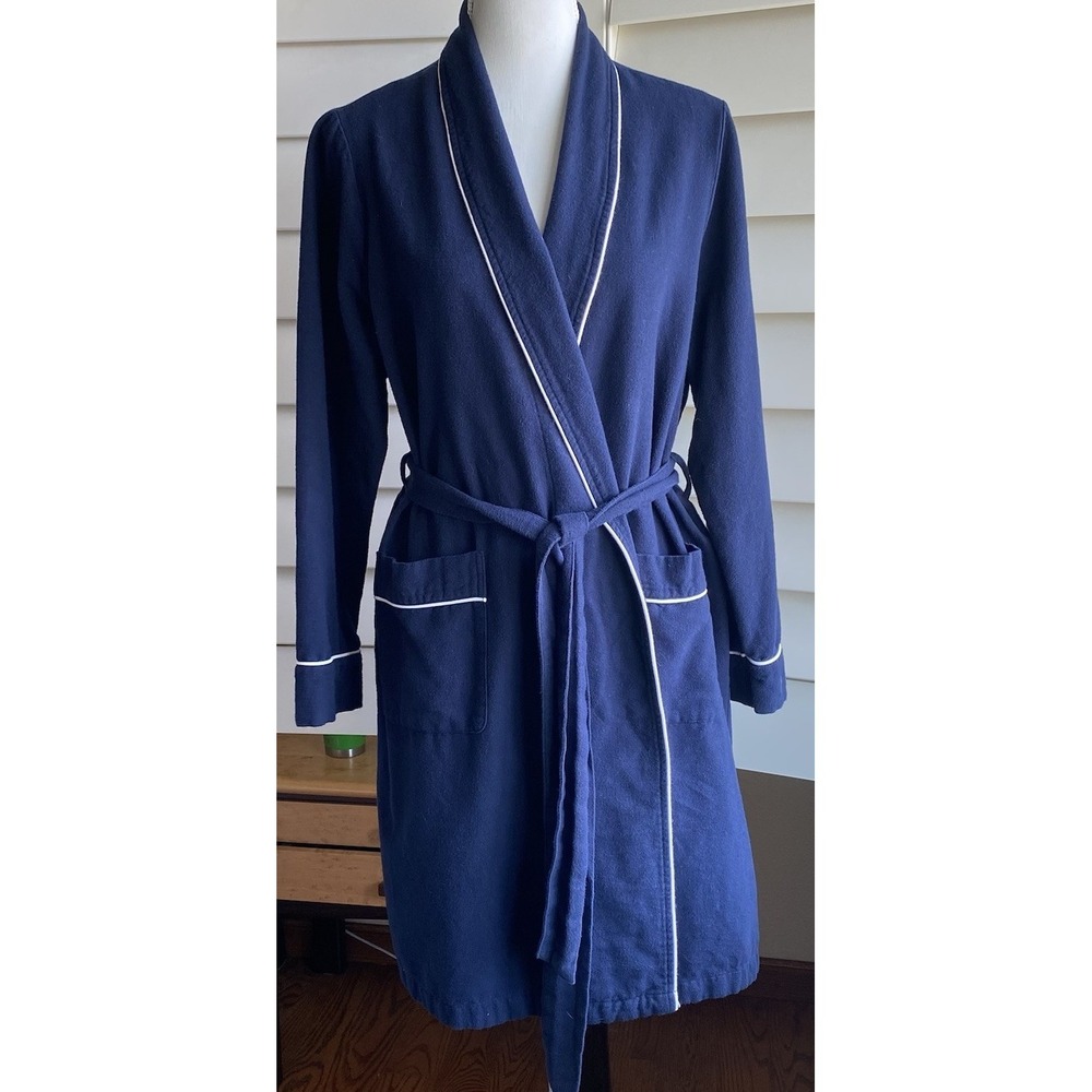 Petite Plume Robe Women M Navy Blue Flannel 100% Cotton Belted Short Pockets - Picture 2 of 13